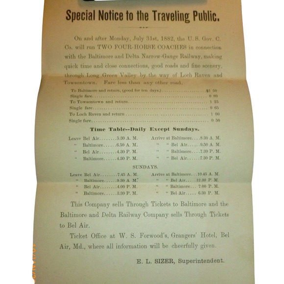 1882 Antique Broadside Baltimore Delta Railway Stagecoach Bel Air MD Towsontown